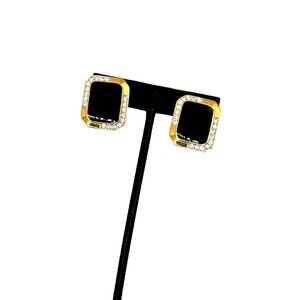 EVCO Vintage 60s Gold and Black with Rhinestone Classic Clip Signed Earrings